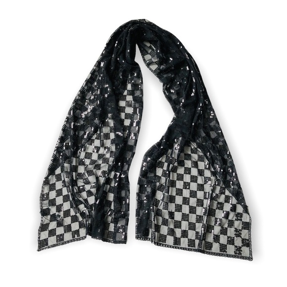 Renato Balestra 90s Sheer Sequins Black Lace Scarf - Picture 1 of 9